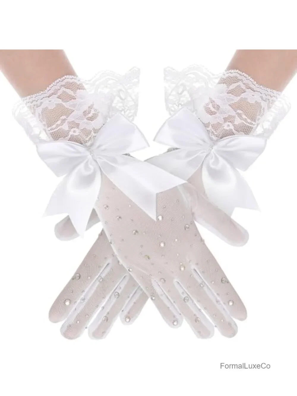 Tulle Lace Short Rhinestone Sheer Sparkly Evening Stretchy Gloves for Wedding